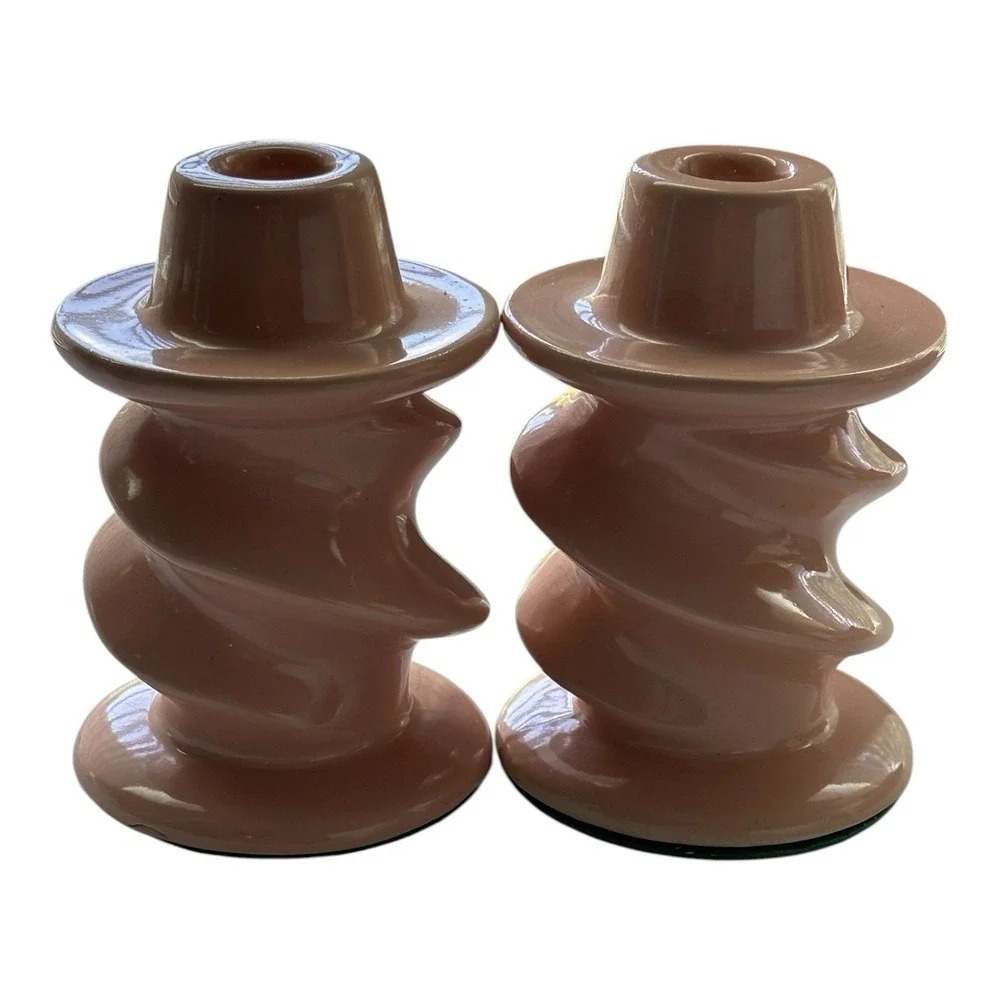 Vintage 80s Retro Mauve Dusty Rose Ceramic Twist Post Modern Candlestick Holders